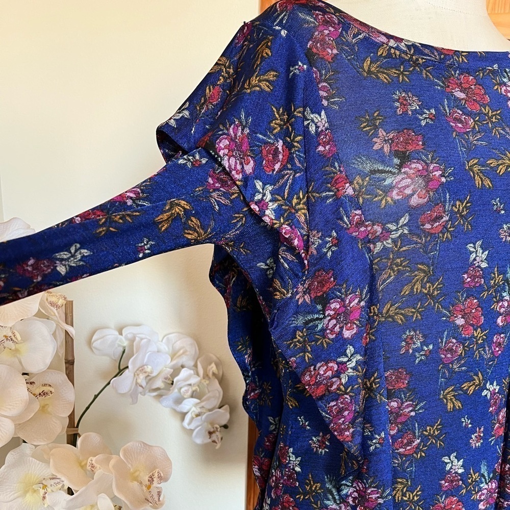 Free People Medium Dock Street Cobalt Blue Floral Ruffle Long Sleeve Shirt - Picture 6 of 10